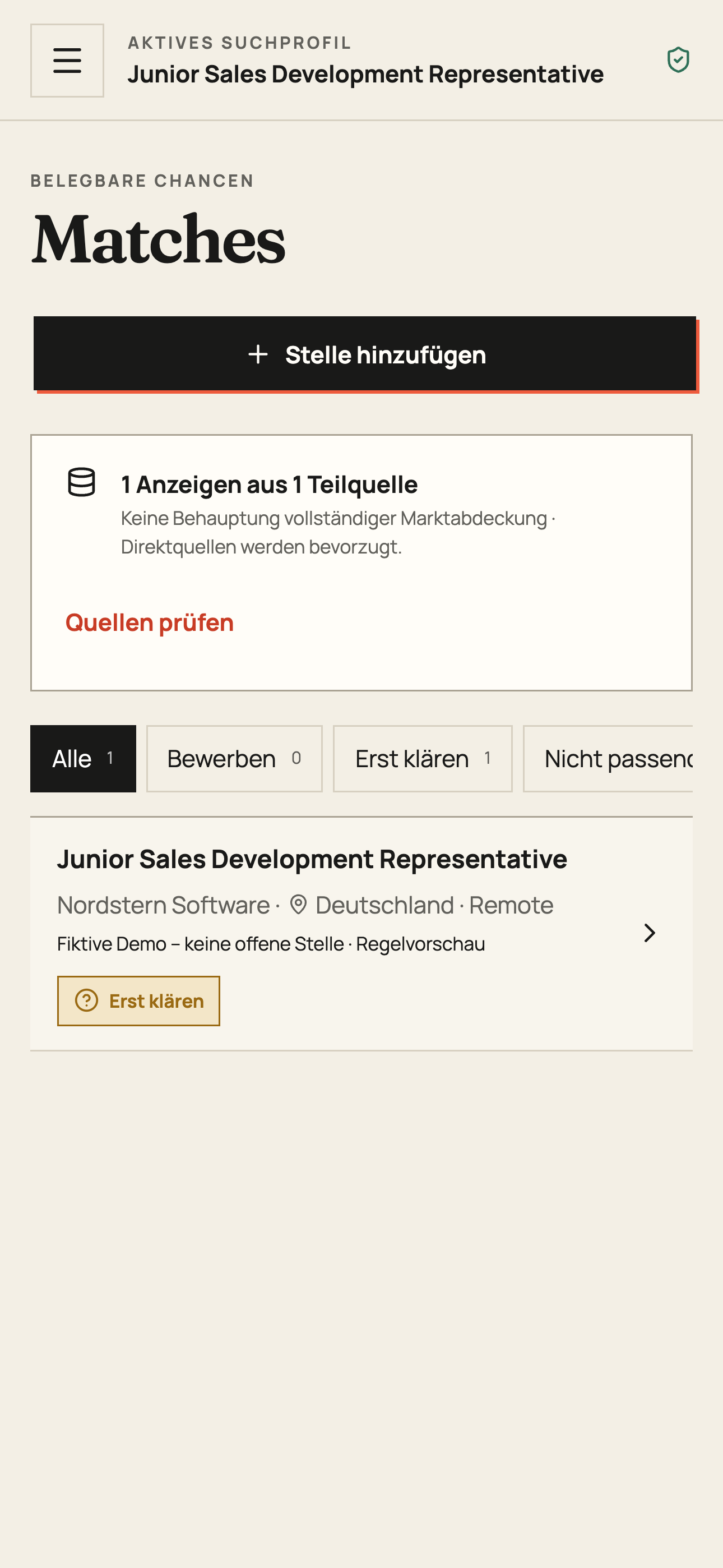 ApplyWise-App: Trefferansicht mit fiktiver Beispielstelle und Kennzeichnung Erst klären