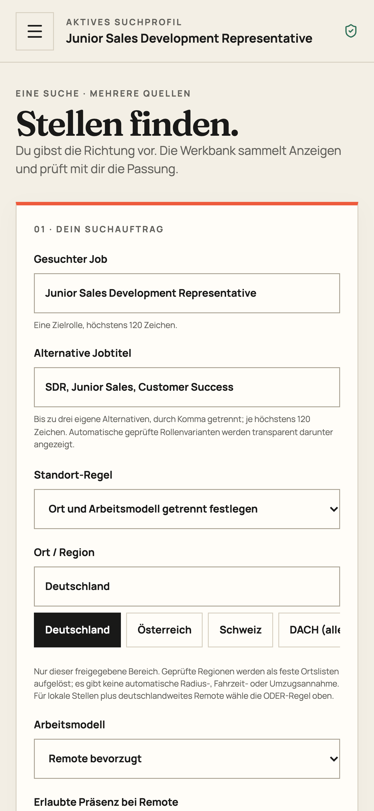 ApplyWise-App: Suchprofil mit Zielrolle und Arbeitsmodell